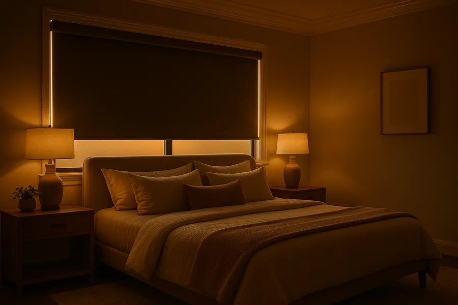 Blackout shades in a cozy, darkened bedroom