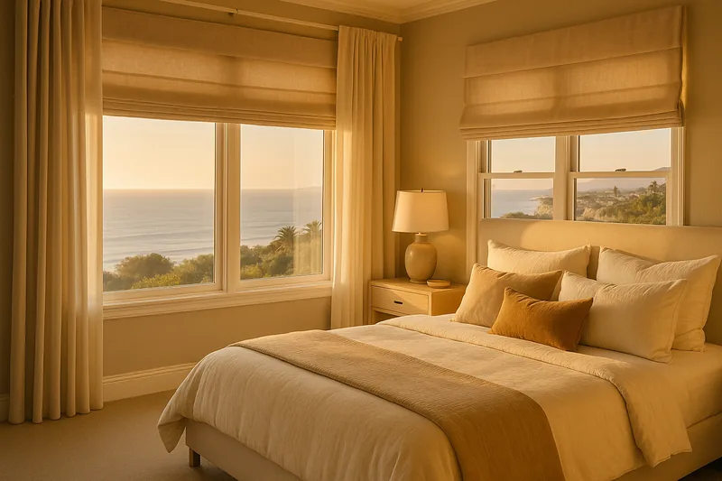 Roman shades and linen drapes in a serene coastal bedroom