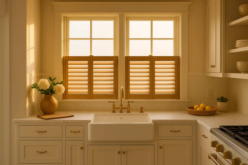 Cafe-style plantation shutters over a coastal farmhouse kitchen sink