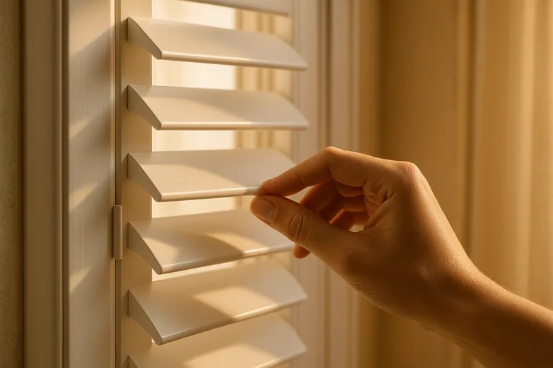 Close-up of a professionally installed plantation shutter being adjusted by hand